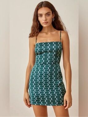 Reformation Teal Wave-Print Slip Mini Dress